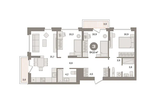 Новая 3-к квартира
 84.57 м² на 4/9 этаже в ЖК «Первый квартал» в городе Тюмень 