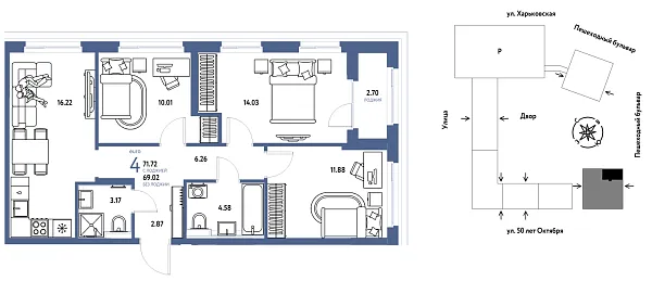 Новая 4-к квартира
 71.72 м² на 10/25 этаже в ЖК «Сердце Сибири» в городе Тюмень 