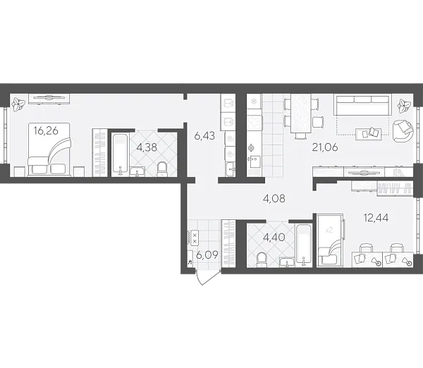 Новая 2-к квартира
 75.14 м² на 4/24 этаже в ЖК «Скандиа. Квартал в Слободе» в городе Тюмень 