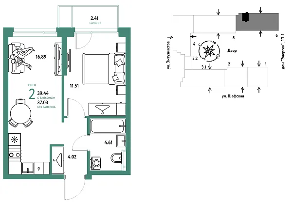 Новая 2-к квартира
 39.44 м² на 7/24 этаже в ЖК «Страна.Энтузиастов» в городе Тюмень 