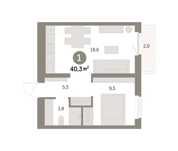 Новая 1-к квартира
 40.25 м² на 5/9 этаже в ЖК «Шишимская горка» в городе Тюмень 