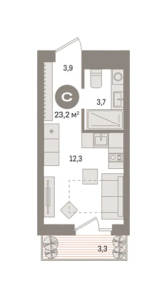 Новая квартира-студия
 23.16 м² на 4/8 этаже в ЖК «Новин» в городе Тюмень 