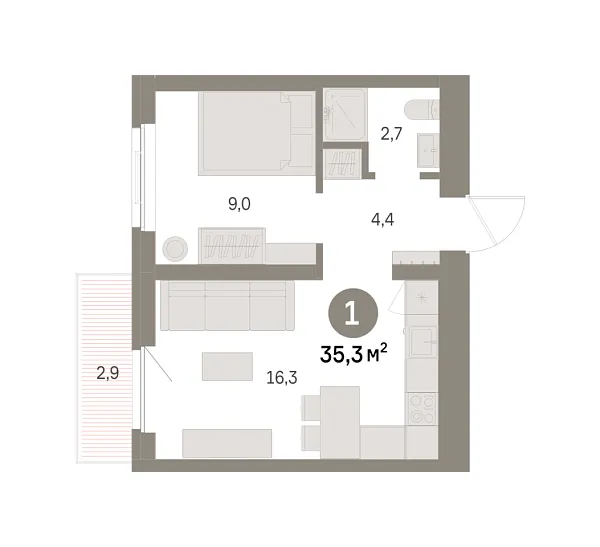 Новая 1-к квартира
 35.26 м² на 4/9 этаже в ЖК «Шишимская горка» в городе Тюмень 