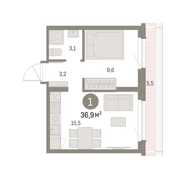 Новая 1-к квартира
 36.87 м² на 7/8 этаже в ЖК «Брусника в Академическом» в городе Тюмень 