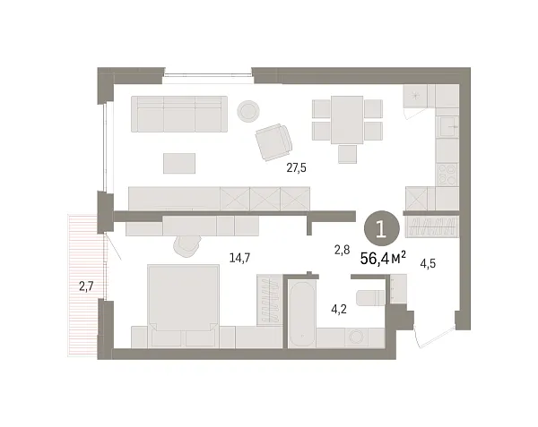 Новая 1-к квартира
 56.4 м² на 9/16 этаже в ЖК «Квартал «Траектория»» в городе Тюмень 