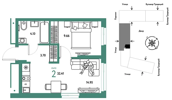 Новая 2-к квартира
 32.41 м² на 13/15 этаже в ЖК «Домашний» в городе Тюмень 