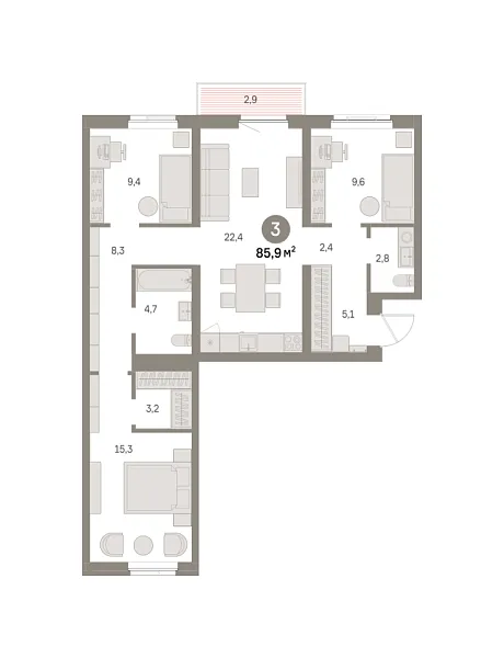Новая 3-к квартира
 85.85 м² на 3/8 этаже в ЖК «Шишимская горка» в городе Тюмень 