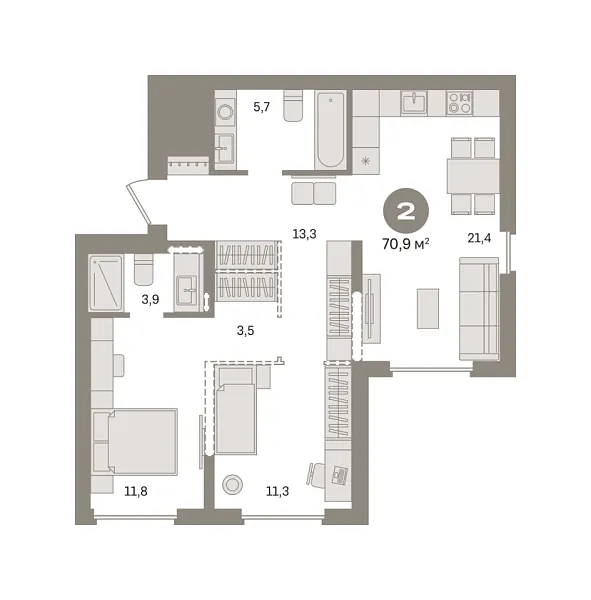 Новая 2-к квартира
 70.91 м² на 17/17 этаже в ЖК «Первый квартал» в городе Тюмень 