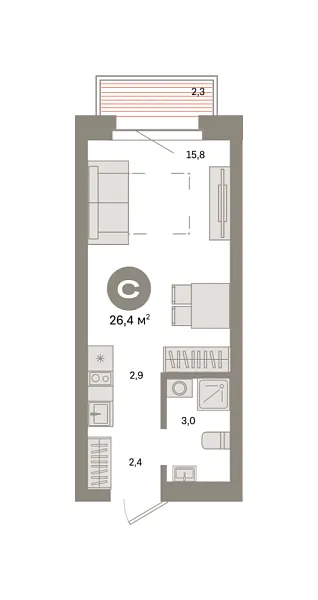 Новая квартира-студия
 26.4 м² на 3/9 этаже в ЖК «Квартал «Метроном»» в городе Тюмень 