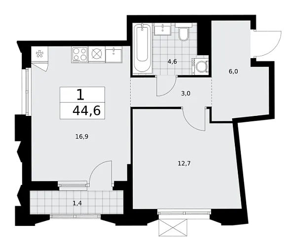 Новая 1-к квартира
 44.6 м² на 17/17 этаже в ЖК «Деснаречье» в городе Тюмень 