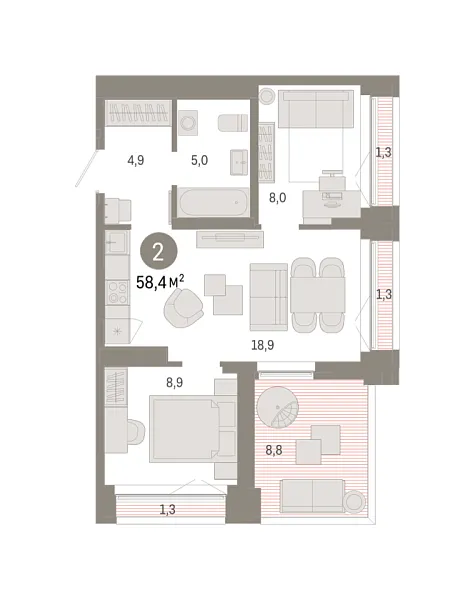 Новая 2-к квартира
 58.44 м² на 16/16 этаже в ЖК «Шишимская горка» в городе Тюмень 