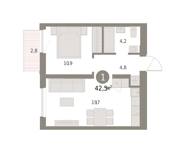 Новая 1-к квартира
 42.5 м² на 5/8 этаже в ЖК «Шишимская горка» в городе Тюмень 