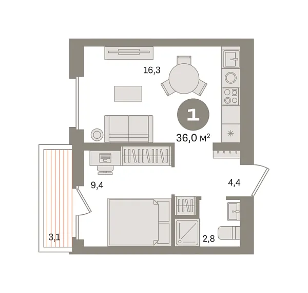Новая 1-к квартира
 35.99 м² на 6/8 этаже в ЖК «Первый квартал» в городе Тюмень 