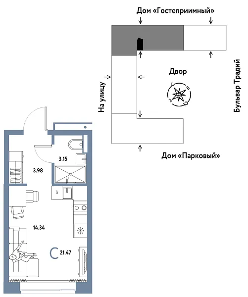 Новая квартира-студия
 21.47 м² на 10/15 этаже в ЖК «Домашний» в городе Тюмень 