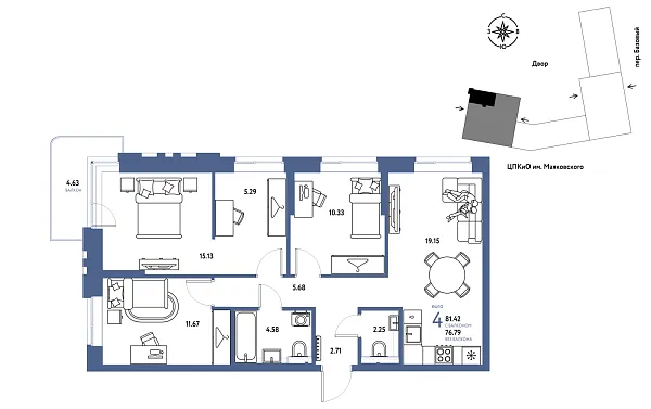 Новая 4-к квартира
 81.42 м² на 3/25 этаже в ЖК «Сибирский сад» в городе Тюмень 