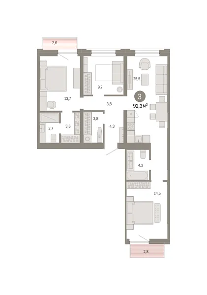 Новая 3-к квартира
 92.25 м² на 6/9 этаже в ЖК «Южные кварталы» в городе Тюмень 