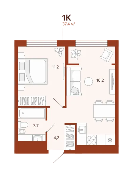 Новая 1-к квартира
 37.35 м² на 11/14 этаже в ЖК «ЖК Новатор» в городе Тюмень 