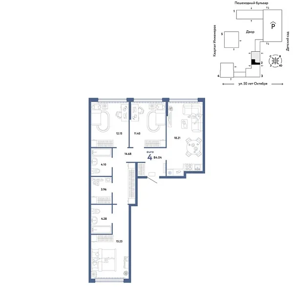 Новая 4-к квартира
 84.04 м² на 13/25 этаже в ЖК «Сердце Сибири» в городе Тюмень 