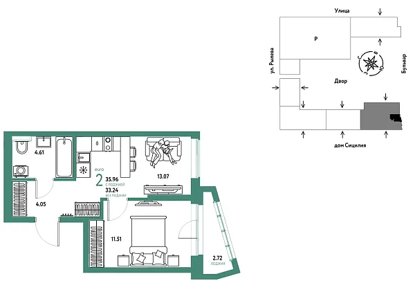 Новая 2-к квартира
 35.96 м² на 10/24 этаже в ЖК «Остров-сад» в городе Тюмень 