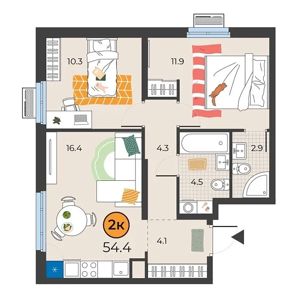 Новая 2-к квартира
 54.4 м² на 10/25 этаже в ЖК «Корней» в городе Тюмень 