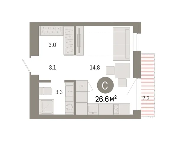 Новая квартира-студия
 26.56 м² на 6/8 этаже в ЖК «Октябрьский на Туре» в городе Тюмень 