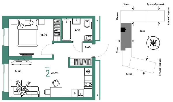 Новая 2-к квартира
 36.94 м² на 10/15 этаже в ЖК «Домашний» в городе Тюмень 