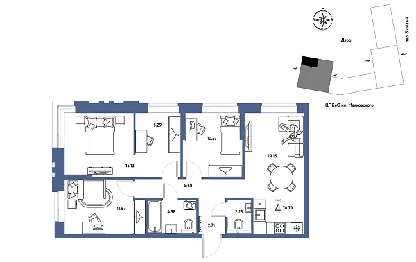 Новая 4-к квартира
 76.79 м² на 7/25 этаже в ЖК «Сибирский сад» в городе Тюмень 