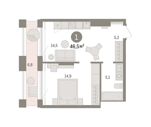 Новая 1-к квартира
 46.54 м² на 17/17 этаже в ЖК «Октябрьский на Туре» в городе Тюмень 
