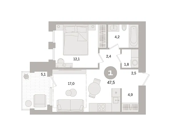 Новая 1-к квартира
 47.5 м² на 4/8 этаже в ЖК «Дом «А»» в городе Тюмень 
