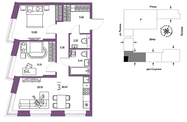 Новая 3-к квартира
 60.41 м² на 5/24 этаже в ЖК «Остров-сад» в городе Тюмень 