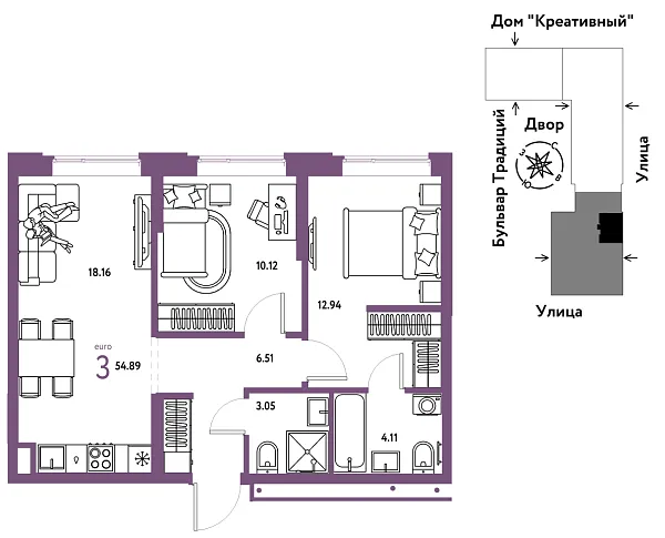 Новая 3-к квартира
 54.89 м² на 6/15 этаже в ЖК «Домашний» в городе Тюмень 