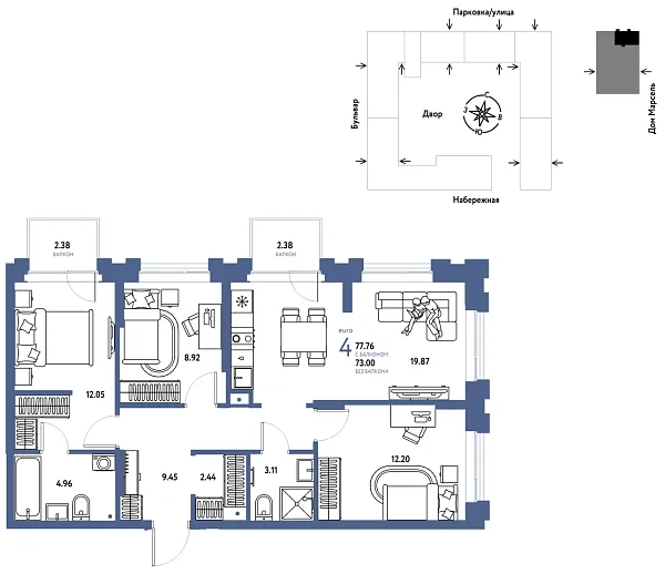 Новая 4-к квартира
 77.76 м² на 11/24 этаже в ЖК «Европейский берег 2.0» в городе Тюмень 