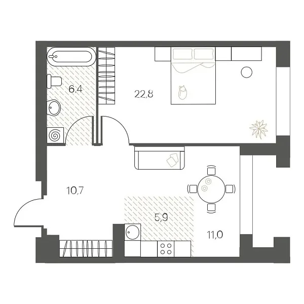 Новая 1-к квартира
 56.6 м² на 6/12 этаже в ЖК «White House» в городе Тюмень 