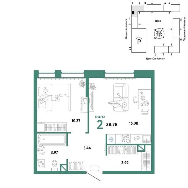 Новая 2-к квартира
 38.78 м² на 4/16 этаже в ЖК «Юнион» в городе Тюмень 
