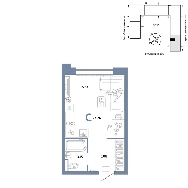 Новая квартира-студия
 24.76 м² на 9/15 этаже в ЖК «Домашний» в городе Тюмень 