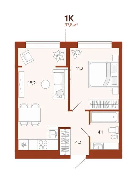 Новая 1-к квартира
 37.8 м² на 11/14 этаже в ЖК «ЖК Новатор» в городе Тюмень 
