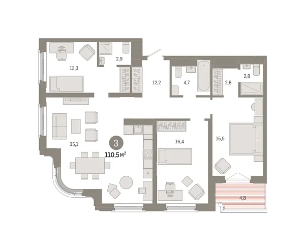 Новая 3-к квартира
 110.5 м² на 8/9 этаже в ЖК «На Некрасова» в городе Тюмень 