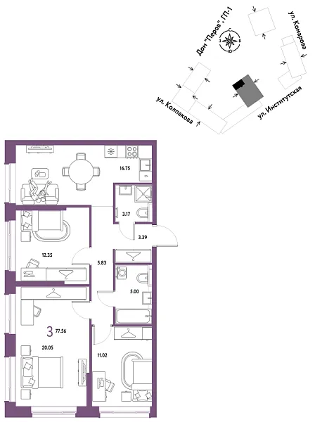Новая 3-к квартира
 77.56 м² на 19/25 этаже в ЖК «Страна.Парковая» в городе Тюмень 