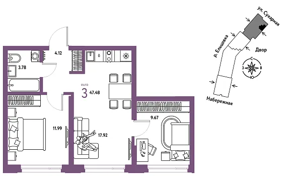 Новая 3-к квартира
 47.48 м² на 28/29 этаже в ЖК «Страна.Береговая» в городе Тюмень 