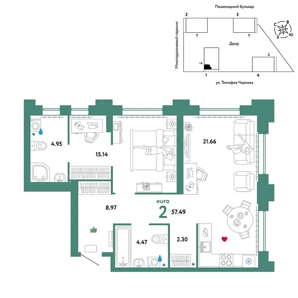 Новая 2-к квартира
 57.49 м² на 10/31 этаже в ЖК «Звёздный» в городе Тюмень 