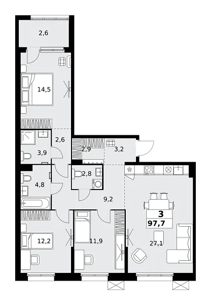 Новая 3-к квартира
 97.7 м² на 5/12 этаже в ЖК «Дзен-кварталы» в городе Тюмень 