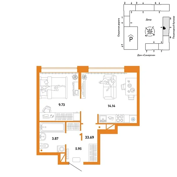 Новая 1-к квартира
 33.69 м² на 12/16 этаже в ЖК «Юнион» в городе Тюмень 