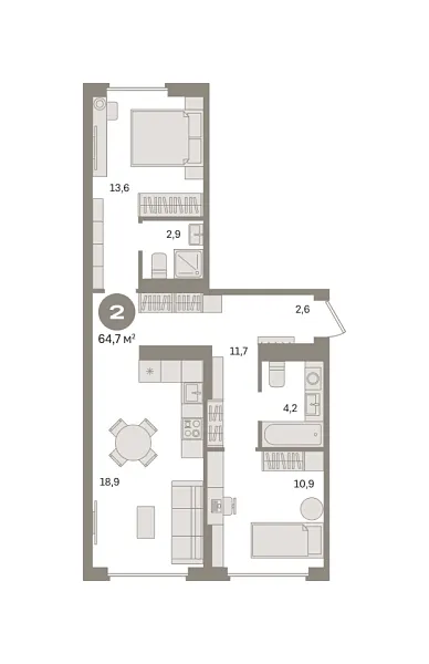 Новая 2-к квартира
 64.7 м² на 6/8 этаже в ЖК «Первый квартал» в городе Тюмень 