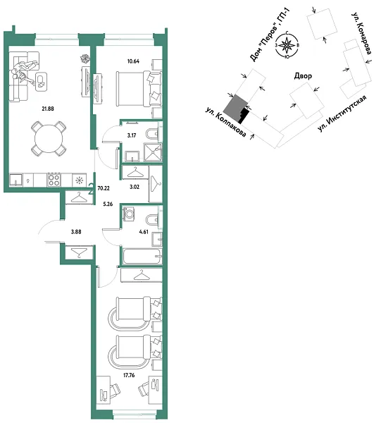 Новая 2-к квартира
 70.22 м² на 16/25 этаже в ЖК «Страна.Парковая» в городе Тюмень 