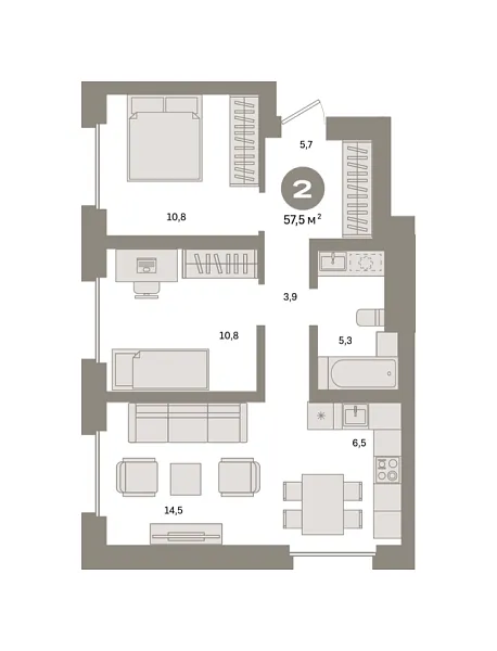 Новая 2-к квартира
 57.5 м² на 16/31 этаже в ЖК «Квартал «Метроном»» в городе Тюмень 