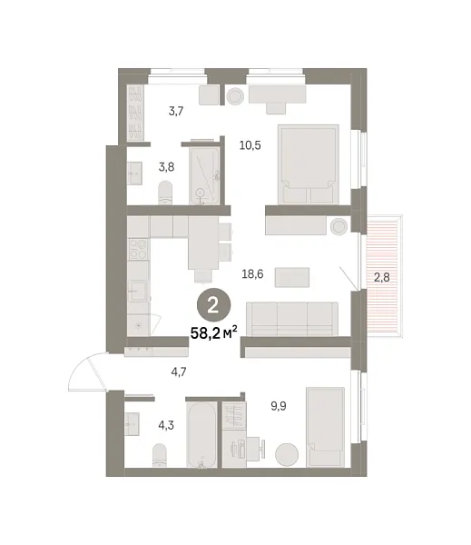 Новая 2-к квартира
 58.19 м² на 4/9 этаже в ЖК «Шишимская горка» в городе Тюмень 