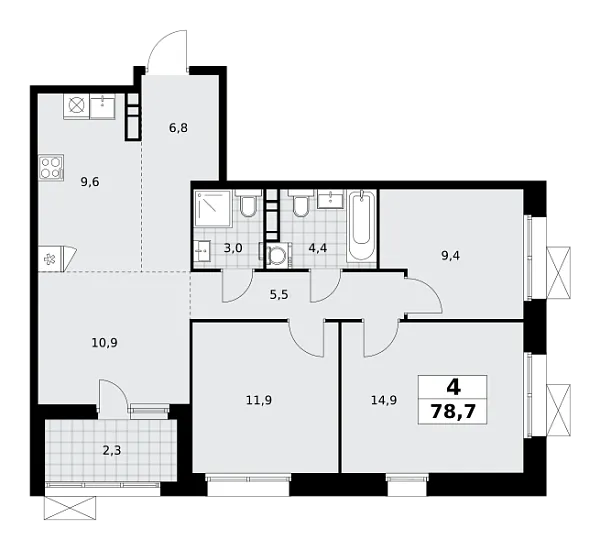 Новая 4-к квартира
 78.7 м² на 19/21 этаже в ЖК «Бунинские кварталы» в городе Тюмень 