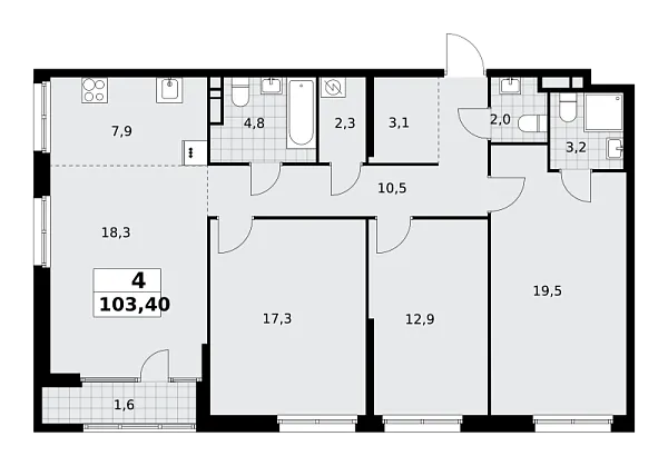 Новая 4-к квартира
 103.4 м² на 5/16 этаже в ЖК «Дом на Зорге» в городе Тюмень 