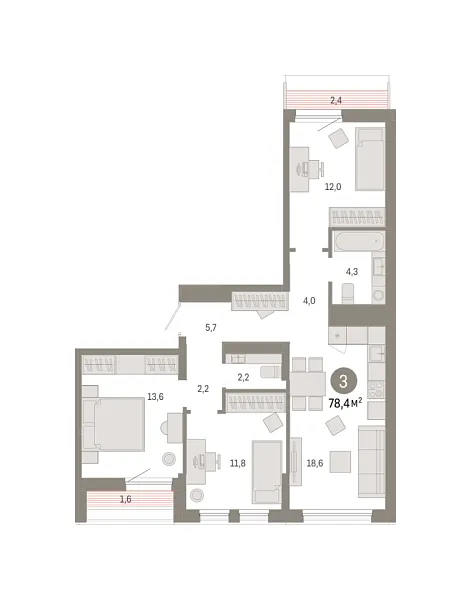 Новая 3-к квартира
 78.41 м² на 9/9 этаже в ЖК «Республики 205» в городе Тюмень 