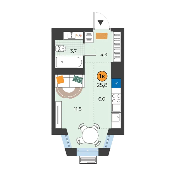 Новая квартира-студия
 25.8 м² на 22/25 этаже в ЖК «Корней» в городе Тюмень 